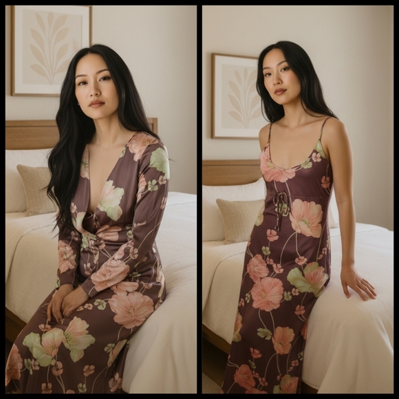 Vintage Other - VTG Long Slip Babydoll Dress Brown 2 Pc Robe Set Peach Sz S Loungewear 70s Nylon